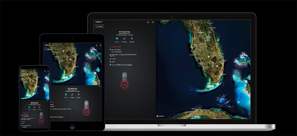 GOST tracking app shown on phone, tablet, and laptop