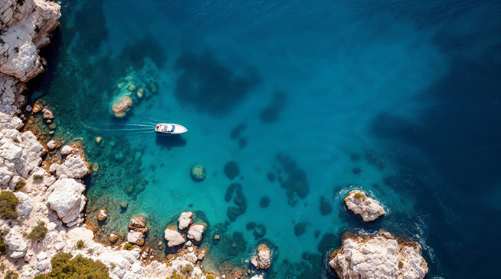 Aerial view of a boat leaving a rocky cove for open water