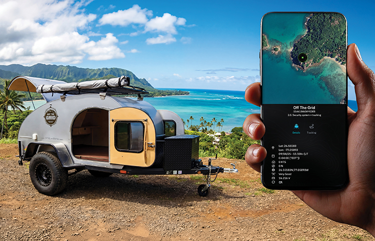 Overland camper trailer with the Kasper app showing the asset location on-map