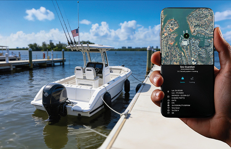 Center console boat at dock with the Kasper app showing a named vessel on-map