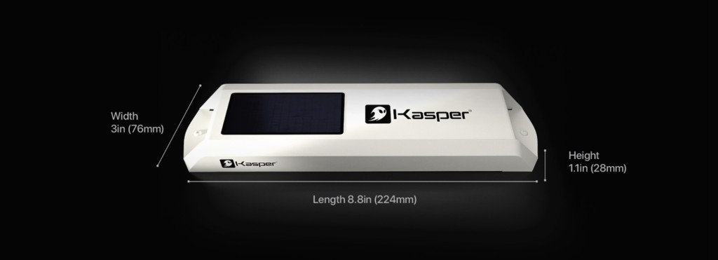 Kasper solar-powered asset tracker hardware with dimensions shown.