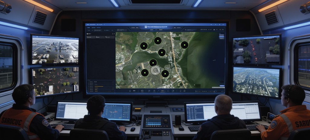 SAR command center monitoring multiple Kasper-tracked rescue boats across a flooded operational zone