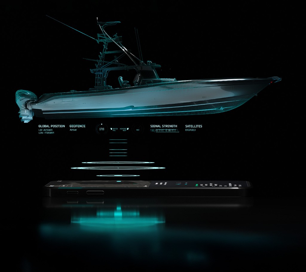 Holographic projection of a center-console boat above a phone with live tracking telemetry.
