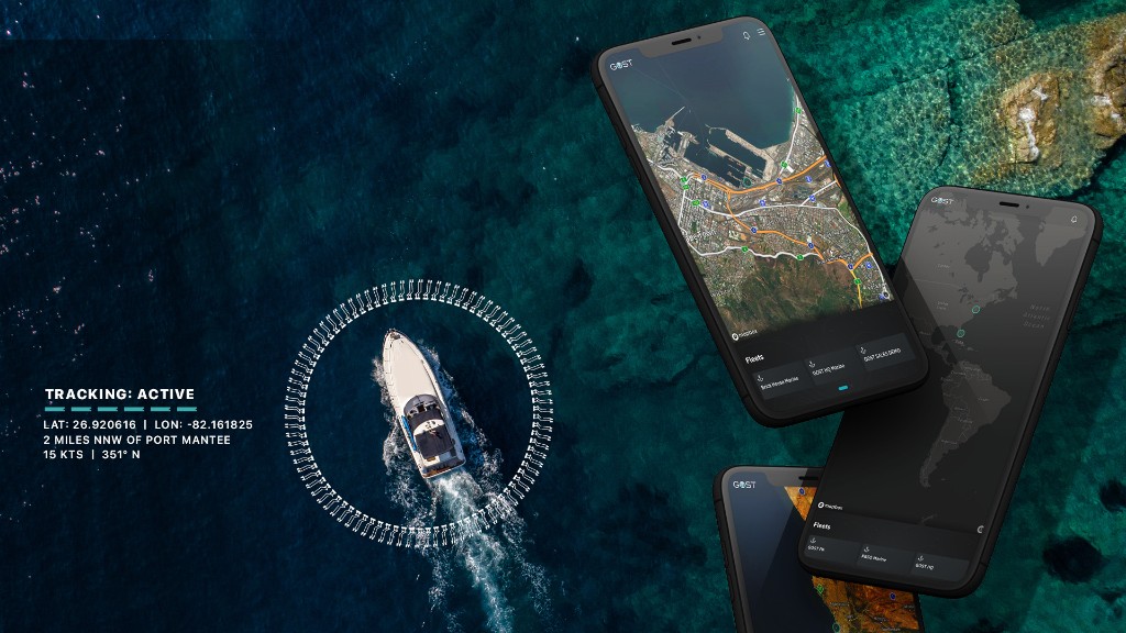 GOST tracking dashboard overlaid on aerial boat imagery with phone app screens